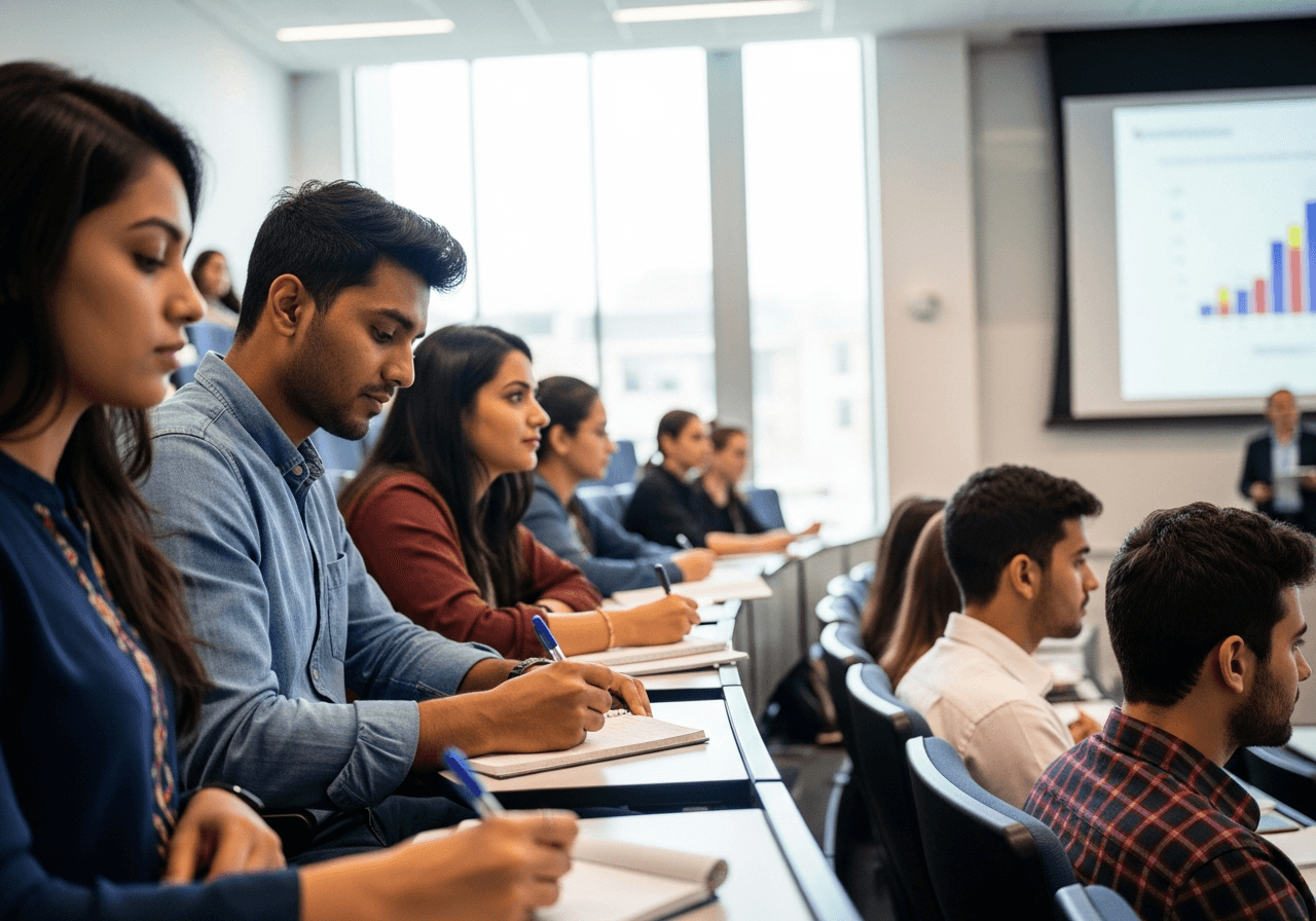 Diverse group of international students, including a Nepalese student, engaged in a lecture in a modern, sunlit Australian university classroom.