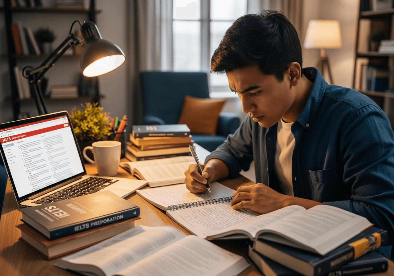 A Nepalese student intensely studying for IELTS, surrounded by books and using a laptop for online practice.