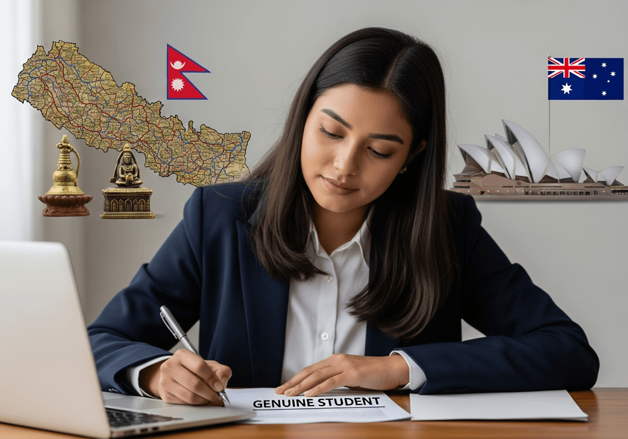A confident Nepalese student completing a Genuine Student (GS) statement, with subtle visual cues of ties to Nepal and Australia.