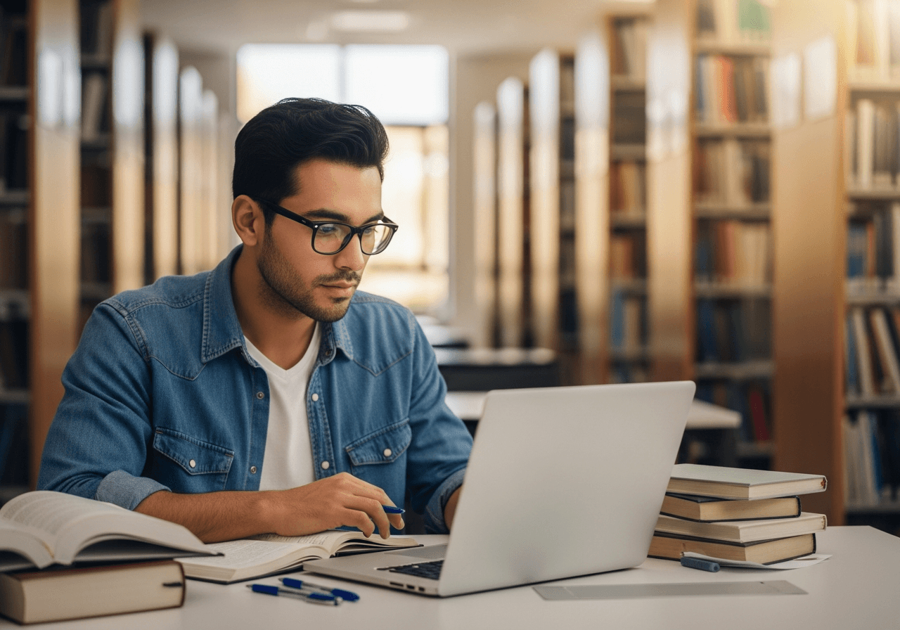 A focused student studying at a library desk with books and a laptop, representing academic pursuit and higher education.