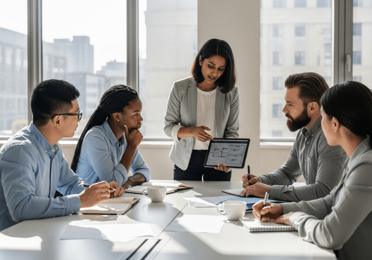 A diverse group of people collaborating in a professional or vocational training setting, symbolizing work and migration.