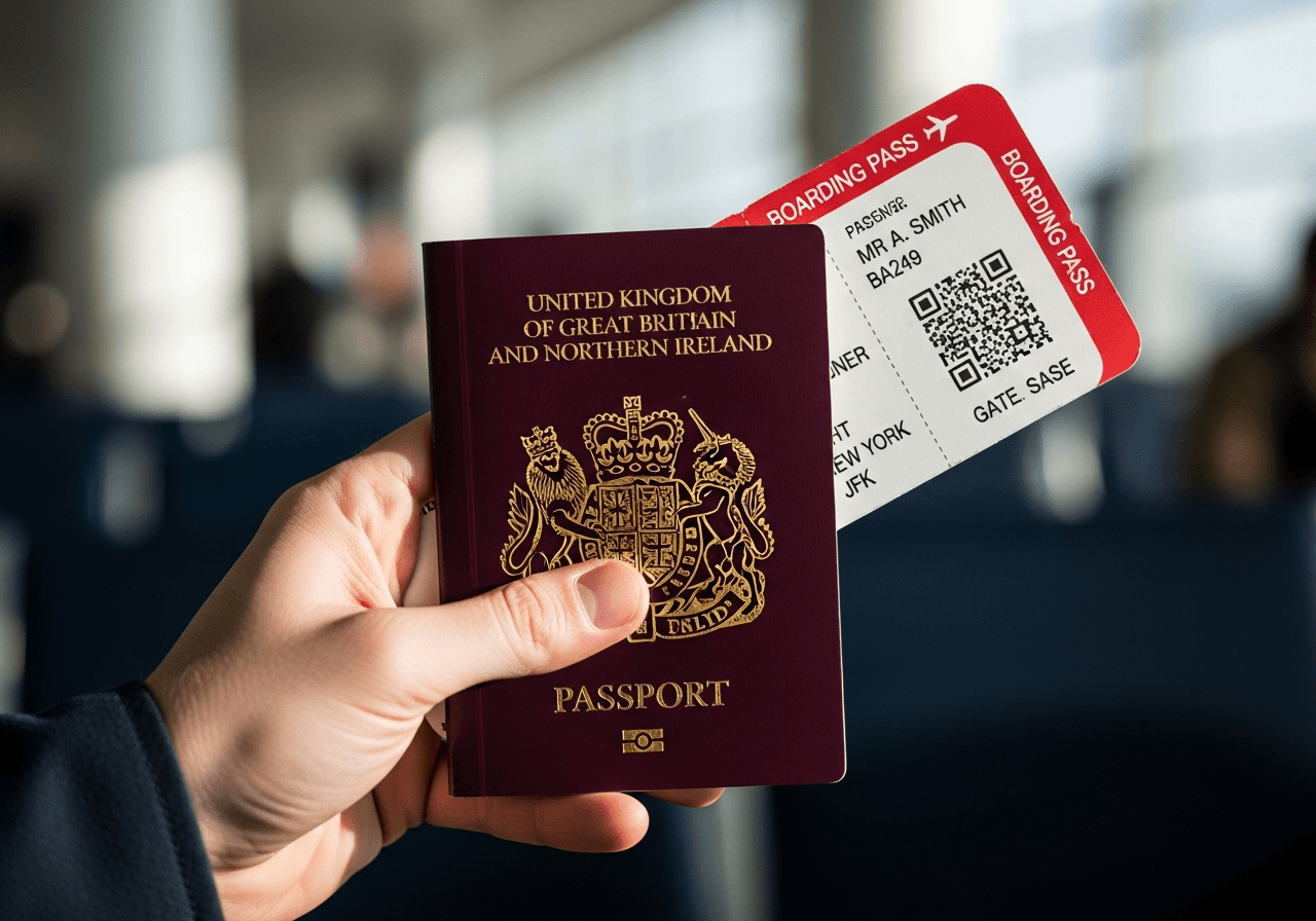 A hand holding a UK passport and a boarding pass, symbolizing travel and UK visa application.