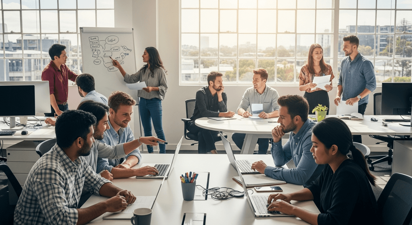 Diverse young professionals collaborating in a modern Australian open-plan office.